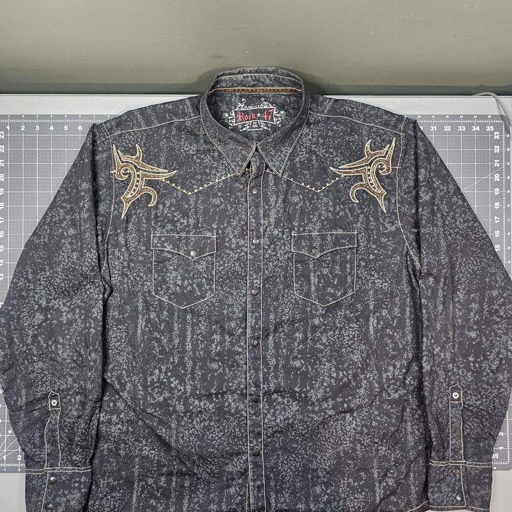 Rock 47 Shirt XXL Western Black Wrangler Embroidered Snap Cowboy Biker Punk Goth